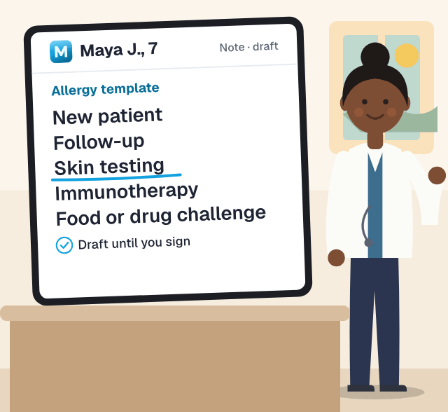 Dr. Okafor next to a tablet showing Medora's allergy note templates for a synthetic patient